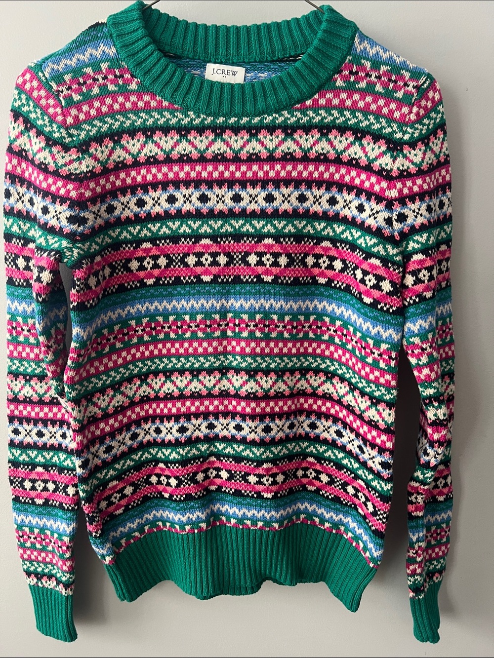 J. Crew Green Pink Teal Fair Isle Crewneck Sweater
